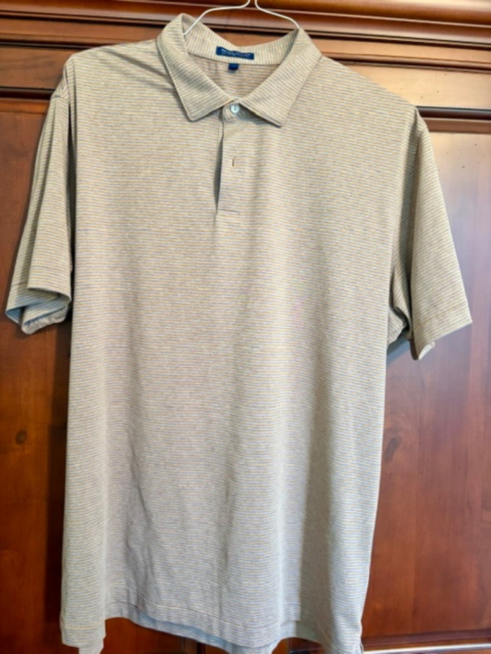 Peter Millar Mens Polo Tan and Blue Stripe LIKE NEW XL